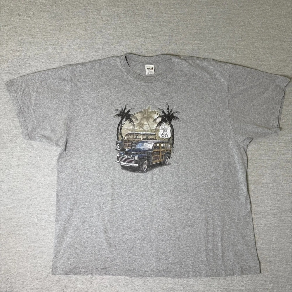 Route 66 Men's Graphic T Shirt 3XL Gray Vintage Style Car Palm Tree Distressed